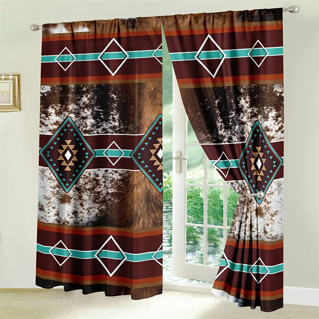 2-Piece Western-Style Blackout Curtains, Southwestern Cowhide Print Striped Window Curtains for Bedroom, Living Room Decor