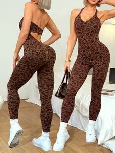 Women's Leopard Print Sports Jumpsuit, Quick-Dry Tight-Fitting Yoga, Seamless Knitted Fitness Clothing for Walking Hiking Cycling, Workout Jumpsuit, Sporty Comfy Jumpsuit, Yoga Jumpsuits, Sportswear Jumpsuits