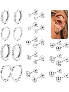 12 Pairs Stud Earrings for Women Surgical Steel Earrings Hypoallergenic Post Earrings Huggie Hoop Earrings Tiny CZ Flat Back Earrings Set Helix Piercing Cartilage Earrings Gold Silver Earrings for Women Hoop Earring Sets