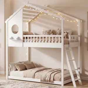 DUMOS Wood Twin Over Twin House Bunk Bed, Loft Bed with Ladder, Safety Guardrail, Wooden Slats & Window, Kids Twin Bed Frame for Teens Juniors, Freely Decorative House Roof