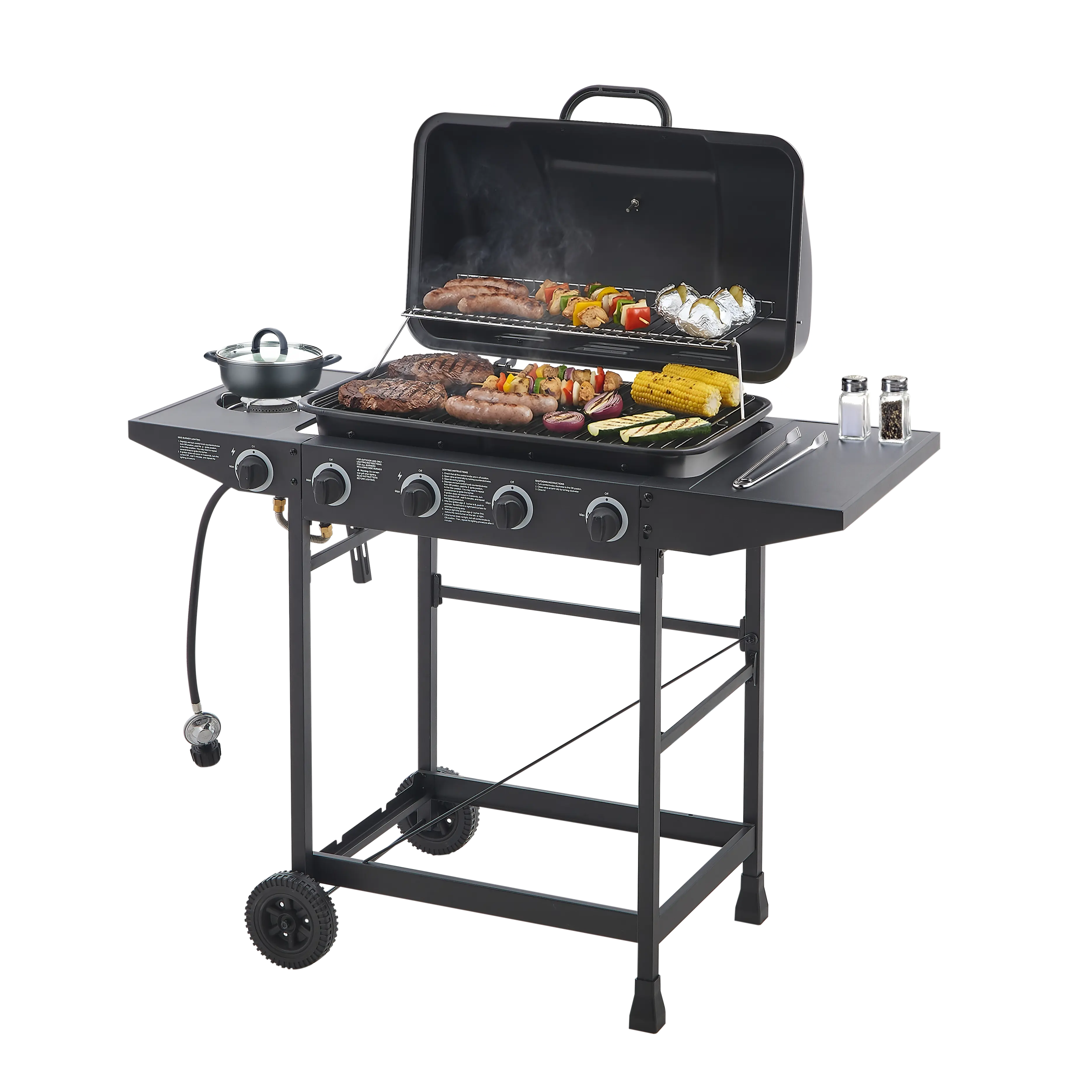 4 Burner BBQ Propane Gas Grill with Side Burner 42000 BTU Output Stainless Steel Barbecue Grill with Enamel-Coated Grates and Side Tables for Outdoor Cooking Kitchen and Patio Backyard.