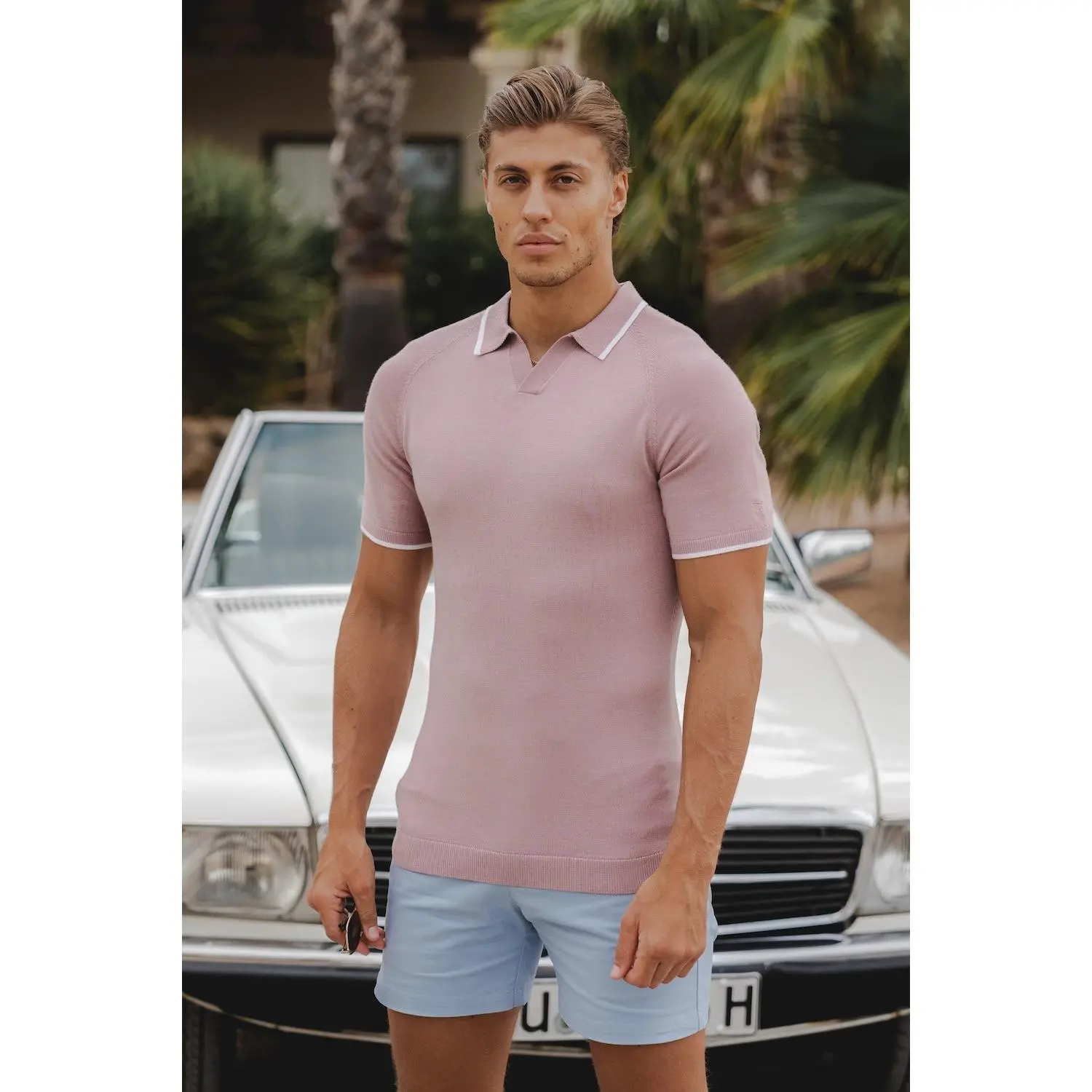 Merino Tipped Open Collar Polo Shirt in Dusky Pink