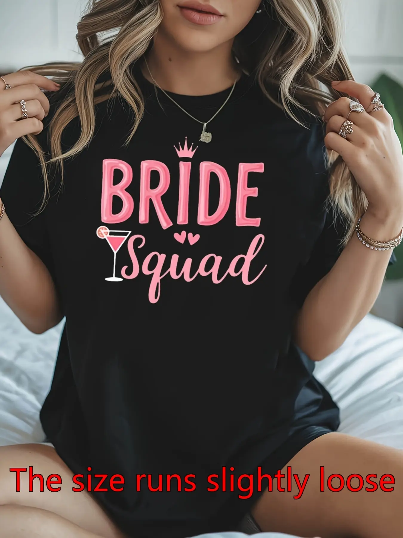 Women's Non-See-Through Bridesmaid T-Shirt - Black Crewneck Top with Pink Lettering & Bride Squad, Machine Washable Bridal Party Shirt Suitable for Bachelorette Party, Wedding Events, Bridesmaids Outfits