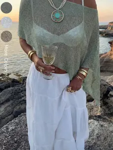 Women's Solid Boat Neck Off Shoulder Summer Lightweight Shiney Knit Top, Asymmetric Hem Design Loose Fit Flowy Knitted Shrug Cloak Casual Vacation Beach Holiday Travel Street Daily Wear, Stylish and Comfortable Knitted Sweater Top, Summer Holiday Outfit