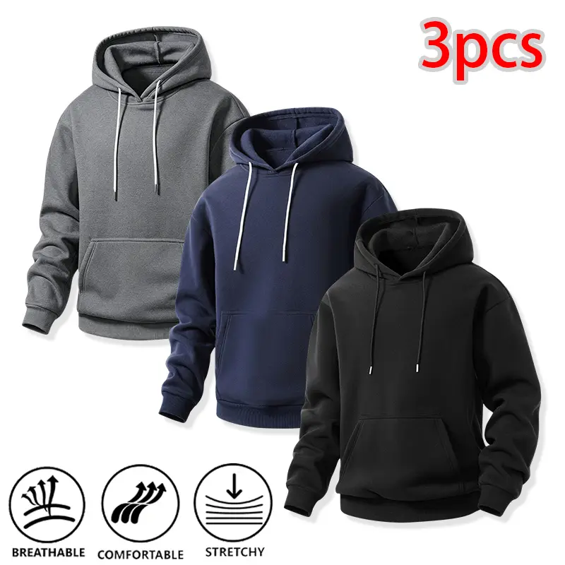 Men's 3-Piece Casual Loose-Fit Pullover Hoodie Set - Trendy Streetwear for Weekend Outdoor Activities