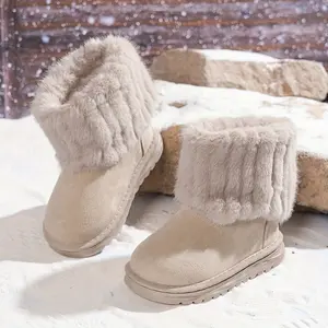 Girls Winter Snow Boots Warm Non Slip Mid Calf Booties Thick Rubber Sole Plush Collar Heart Cutouts Soft Fabric Upper for Outdoor Play Beige Pink Blue Black