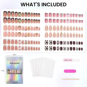144 Pcs (6 Packs) Ashowner Nude Pink French Press On Nails | Mix & Match 6 Styles | With Bows, Gold Accents & Leopard Details | Reusable Jelly Glue | Coffin & Almond | Coquette & Glam Designs | 12 Sizes