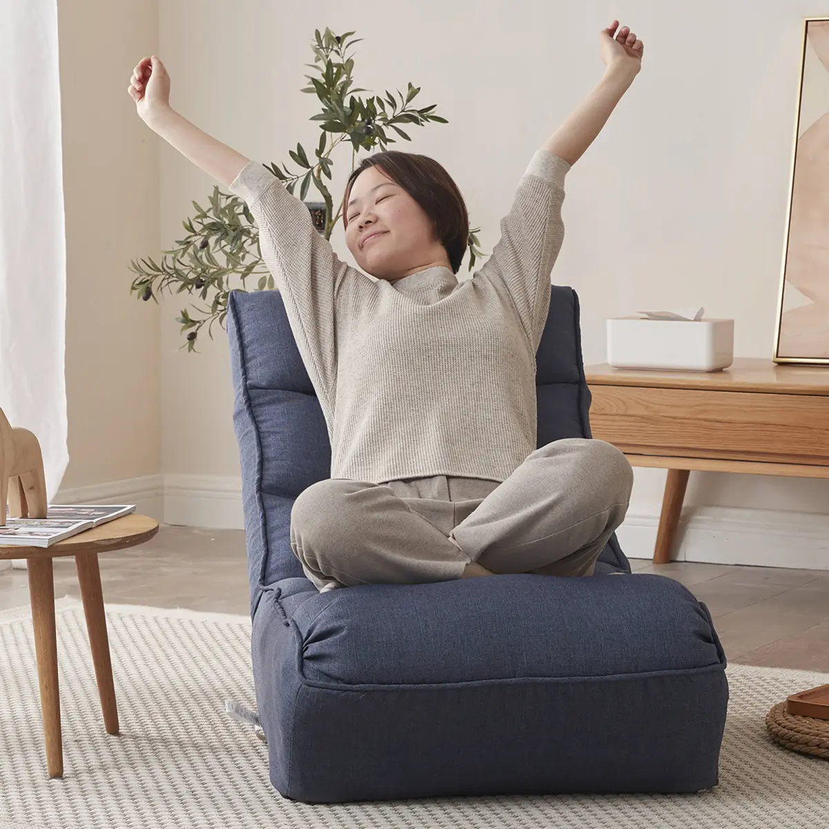 [Fahuac] Japanese Style Armless Tatami Floor Chair - 4-Segment Adjustable Back, Internal Spring, Foldable Compact Space-Saving Packaging - All-Seasons Indoor Furniture for Reading, Living Room, Balconies
