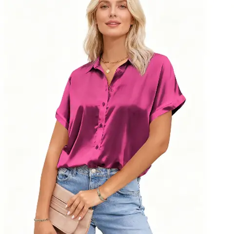 zeagoo Women's Blouse for Work Office Casual, Satin Silky Breathable Short Sleeve V-Neck Button Down Tunic Top Elegant Fit