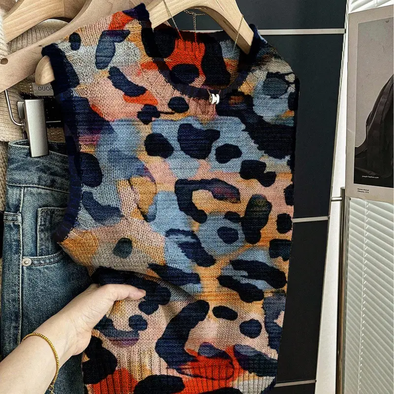 1 Piece Spring/Summer Back-to-School Casual Style, Casual Fashion Vest, Loose Round-neck Sleeveless Knit Color-Contrasting Dark Blue Edged Patchwork Multi-color Leopard Print Top for Women