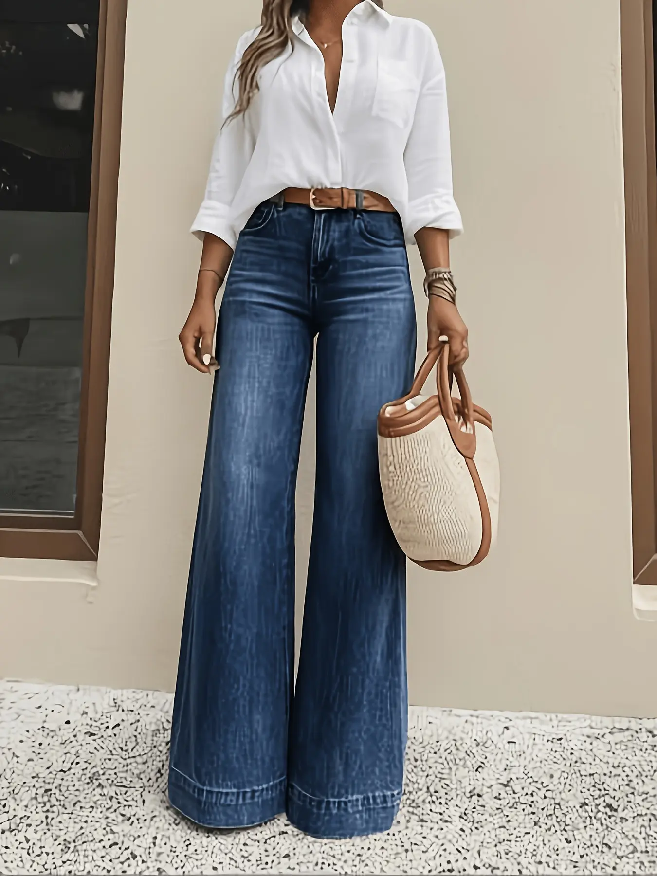 Women's High Waist Wide Leg Trouser Jeans, Deep Blue Washed Vintage Stretch Denim, Loose Fit Floor-Length Pants, Casual Office Weekend Travel Bottom, Minimalist, Boyfriend Pants