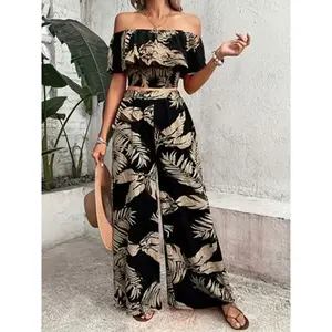 Two piece set of women's black palm leaf printed flower shoulder short top+wide leg pants, a lightweight vacation style two-piece set, suitable for tropical vacations, beach wear, lightweight social afternoon tea, and casual street wearRAIMENTRY