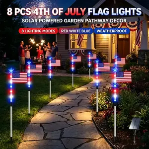 8 Piece Flag Light Set 4th of July Decorations with 8 Lighting Modes 8 in 1 American Flag Solar Lights Memorial Day Decorations Red White and Blue Lights for Independence Day Pathway Garden Yard paper chain garland