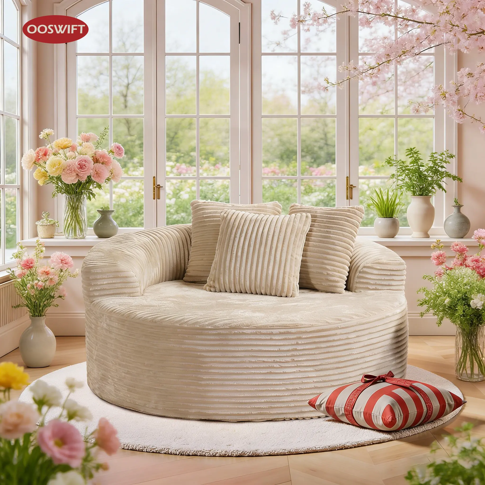 OOSWIFT 59" W Corduroy Single Foam Sofa, Oversized Round Chair with Pillows, Modern Sleeper for Living Rooms, Lounges, Nurseries and Projection Rooms, Wide-Arm Lounge Chair Armchair