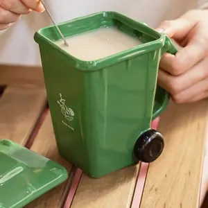 Creative Trash Can Cup and Spoon Set, Ceramic Drinking Mug with Spoon, Perfect Gift for Birthdays, Funny Cup for Best Friends, Ceramic Coffee Mug