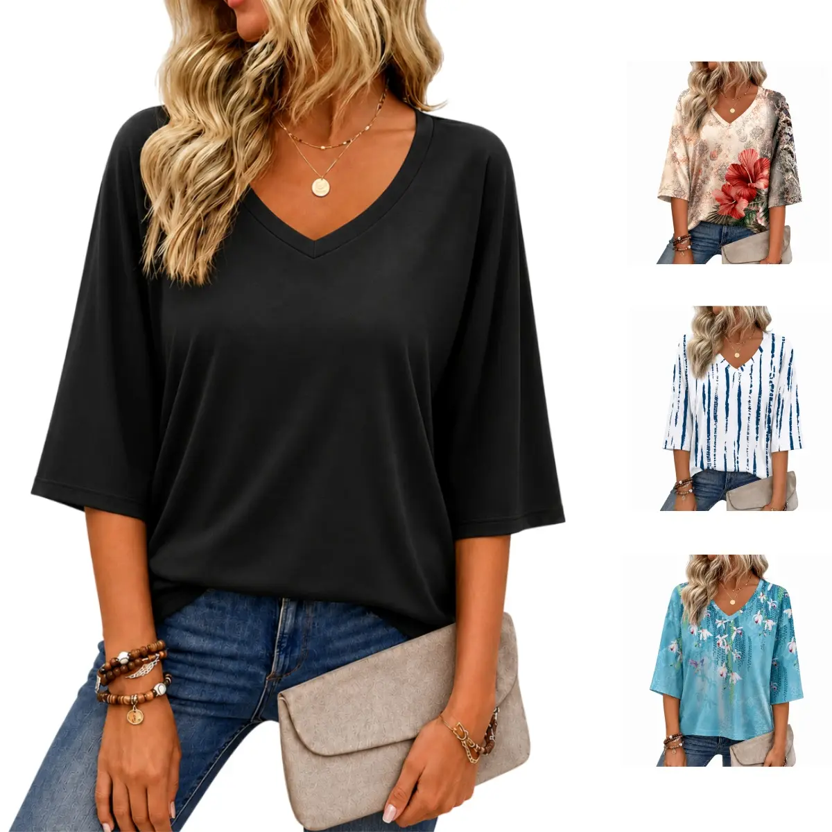 Women's Bohemian 3/4 Sleeve V-Neck Polyester T-Shirt - Tropical Floral Striped, Breathable Loose-Fit Everyday Blouse for Summer Beach, Vacation, S-5XL