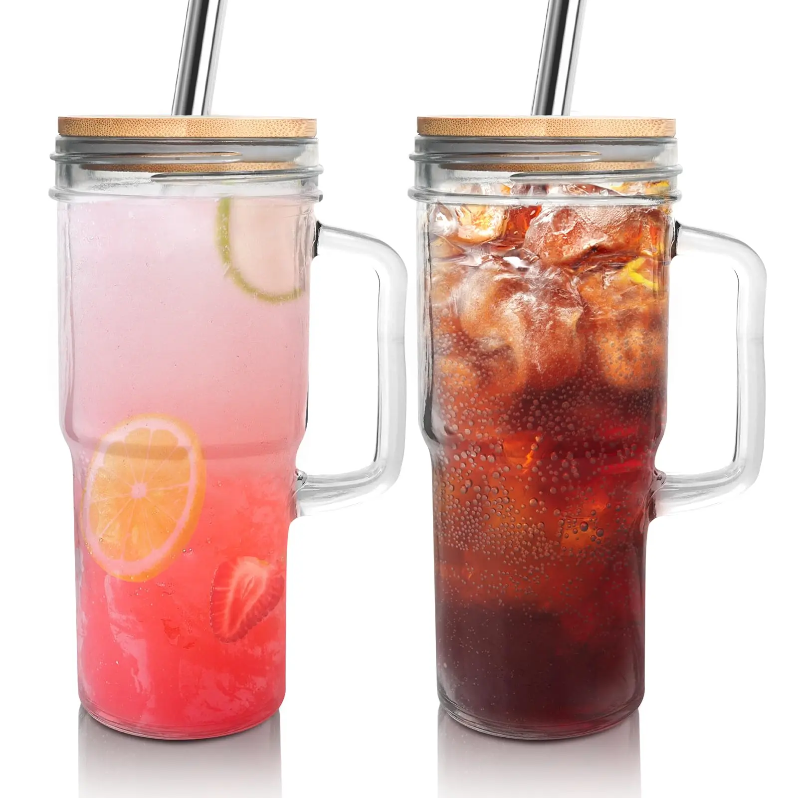 24oz Glass Mason Jar with Handle, Bamboo Lid & Stainless Steel Straw, Celebration Cup for Beer, Clear Glass Mug for Iced Coffee, Tea, Cocktails & Party Drinks