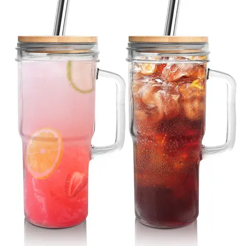 24oz Round Glass Mason Jar Tumbler - Portable Stylish Cup Mug Water Bottle with Handle, Bamboo Lid Charm, Stainless Steel Straw, 500-1000ml Kitchenware Drinkware for Beer, Party Use
