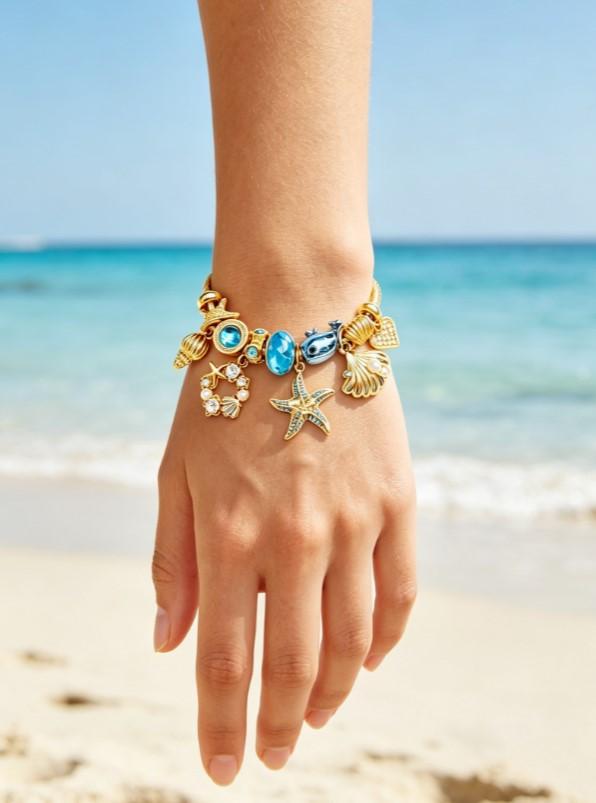 Ocean Theme Gold Cable Wire Cuff Bracelet, Adjustable Open Bangle with Starfish, Seashell, Dolphin, Blue Crystal Pearl Charms, Summer Beach Vacation Jewelry Gift for Women Girls