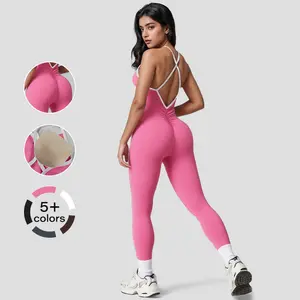 Women's Solid Color Contrast Binding Ruched Sports Jumpsuit, High Stretch Sporty Comfortable Breathable Criss Cross Backless Sleeveless Butt Lifting Jumpsuit for Yoga Gym Workout, Ladies Sportswear for All Seasons, Gym Wear