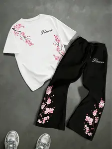 Men's Cherry Blossom Floral Pattern T-Shirt and Sweatpants Set, Millennial Streetwear Fashion, Loose-Fit, All Seasons