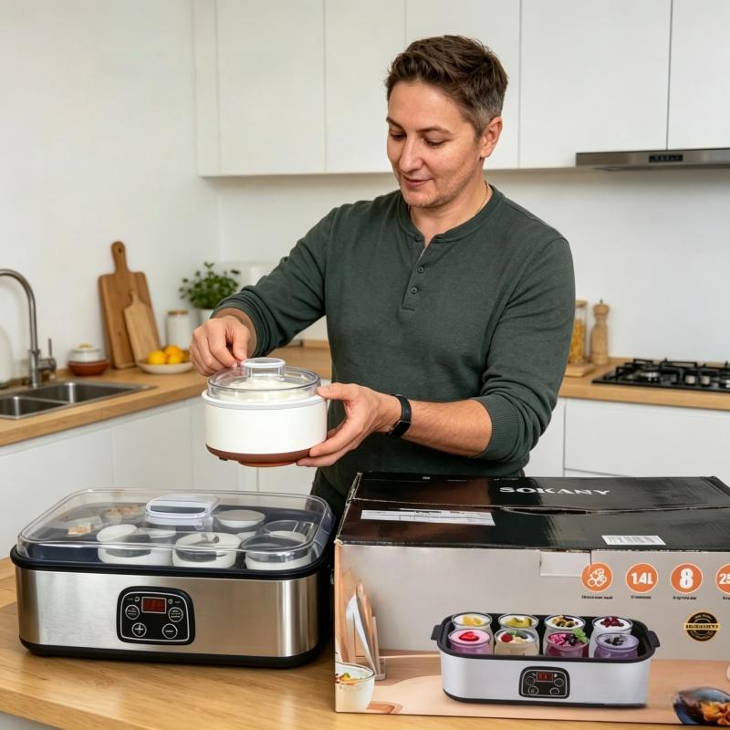 8 cans of fully automatic yogurt machine with adjustable temperature and 48 hour time control for fresh homemade yogurt desserts, LED display screen, multifunctional electric yogurt machine