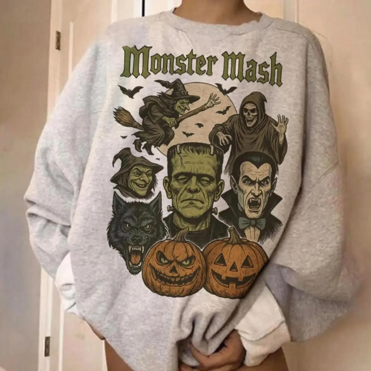 M0nster Mash Sweatshirt, Dracula Witch Graphic Crewneck, Vintage Classic Monsters Halloween Pullover, Spooky Season Gift