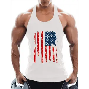 Men's American Flag Tank Tops Y-Back Sleeveless Muscle Stringer Graphic Gym Workout USA Cotton Fabric