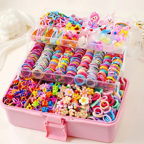 2611 PCS Kawaii Dopamine Hair Accessories Set in Large Gift Box - Kids' Elastics, Rubber Band, Polyester Minimalist Ties, Flower/Resin/Glossy Teardrop Clips, Hair Tools for Group Dressing, Pretend Play