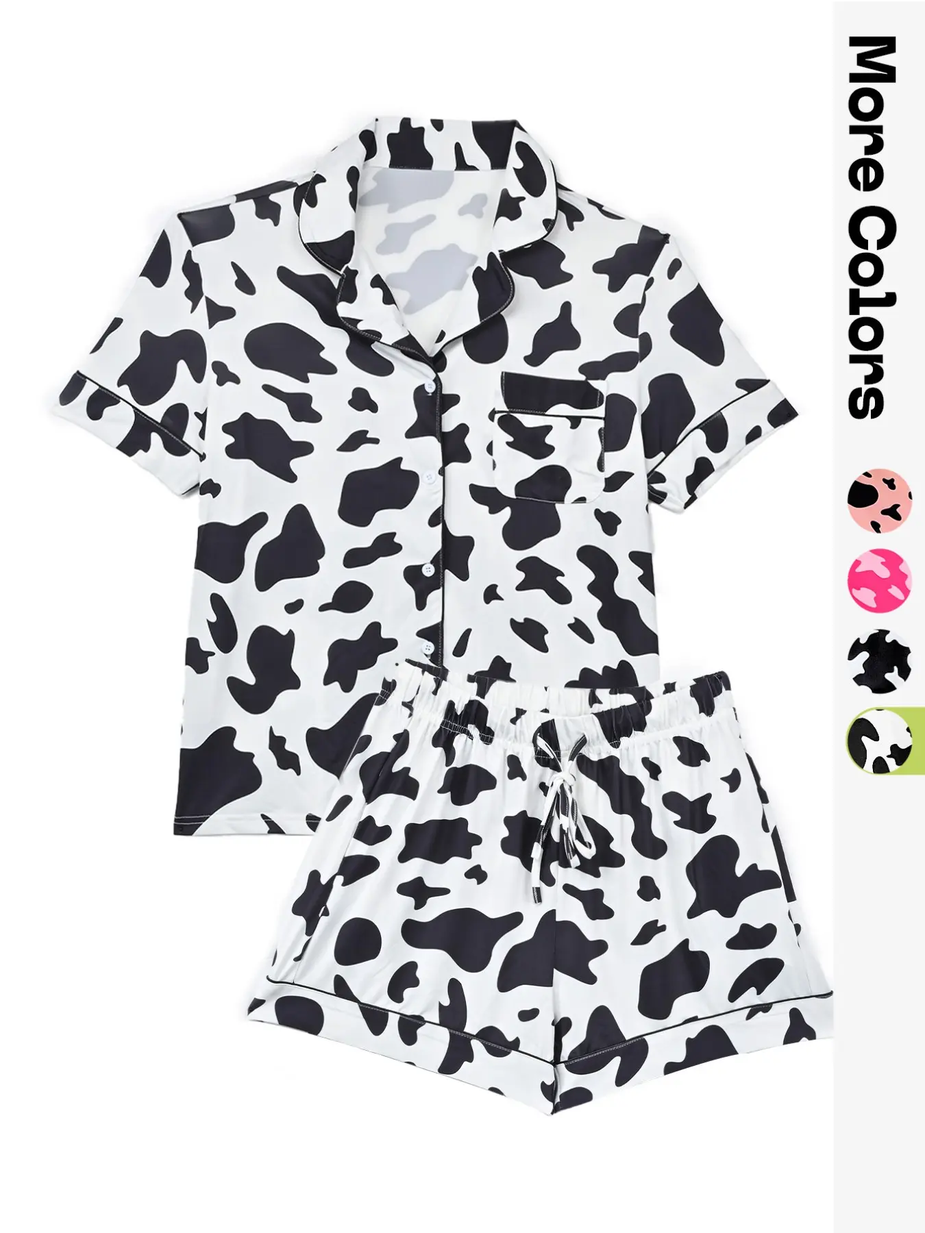 Women's Cow Print Notched Neck Crop Shirt & Shorts Pajama Two-piece Set, Elegant Comfy Short Sleeve Top & Shorts PJ Set, Ladies Sleepwear Loungewear for All Seasons