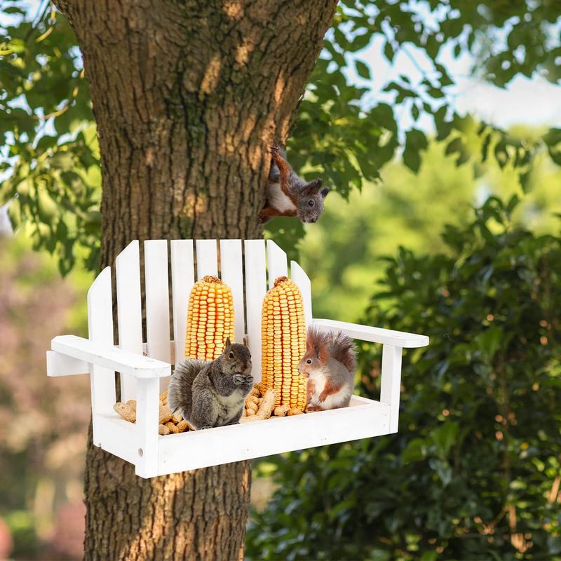 White Swing Wooden Outdoor Squirrel Feeder - With Two Corn Holders for Peanuts and Nuts