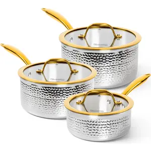 Michelangelo Triply Stainless Steel Saucepan Set, Luxury Hammered Cookware Stainless Steel Sauce Pans with Golden Handle, Premium Sauce Pot Set, Induction Compatible