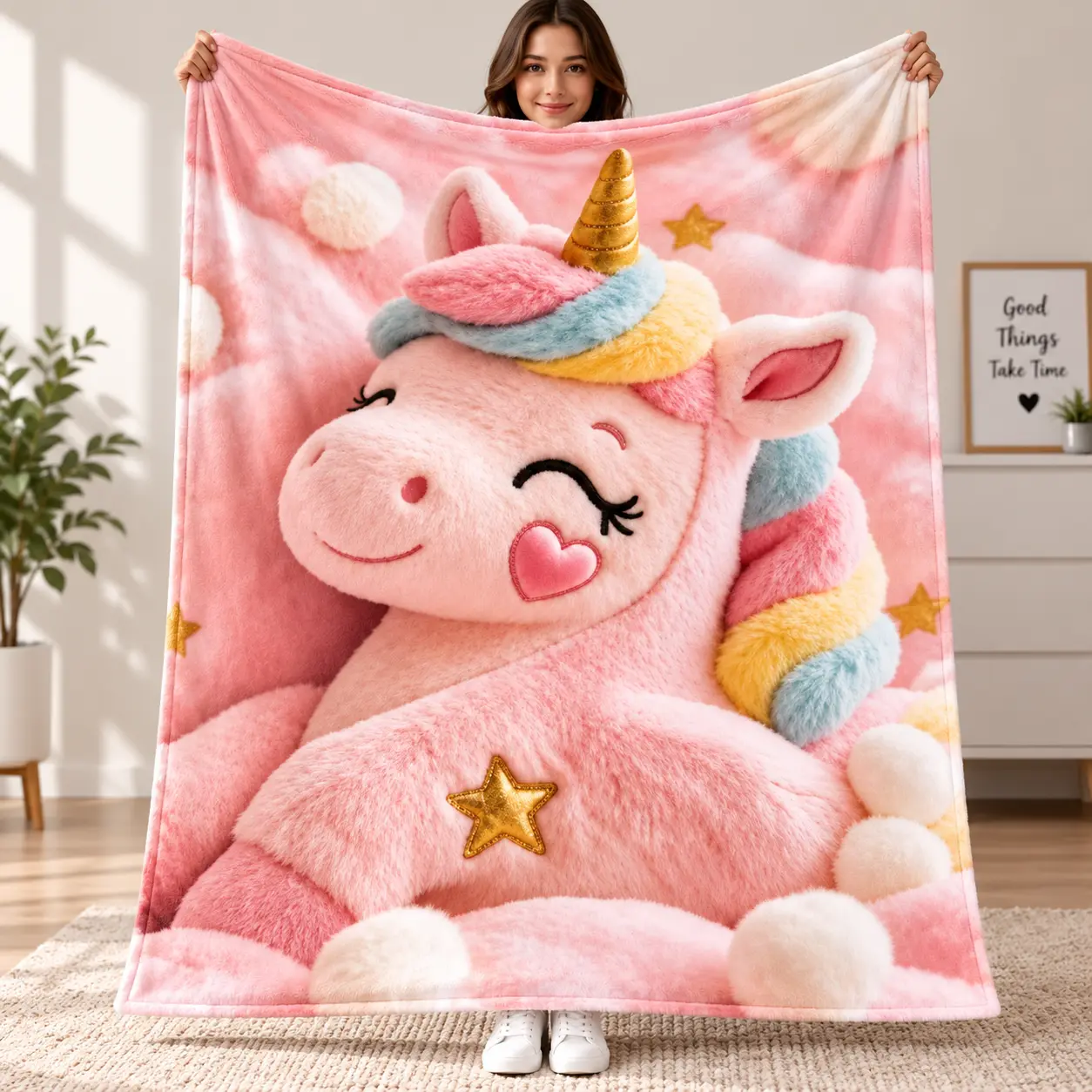 Pink Unicorn Flannel Throw Blanket - Soft Fleece with Golden Stars, Clouds, Heart, Rainbow Design, Colorful Plush Blanket for Girls, Kids' Room Decor, Birthday & Holiday Gifts, Colorful Plush Blankets,familyfun