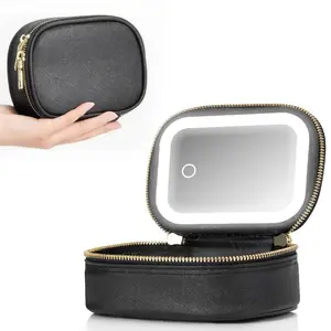 Portable Travel Makeup Bag with LED Fill-Light Mirror - Type-C Rechargeable Touch Dimmable Storage Case, Zipper Makeup Organizer, Compact Cosmetic Organizer for Women, Makeup Organizer Pouch (Black/Pink/Leopard Print)