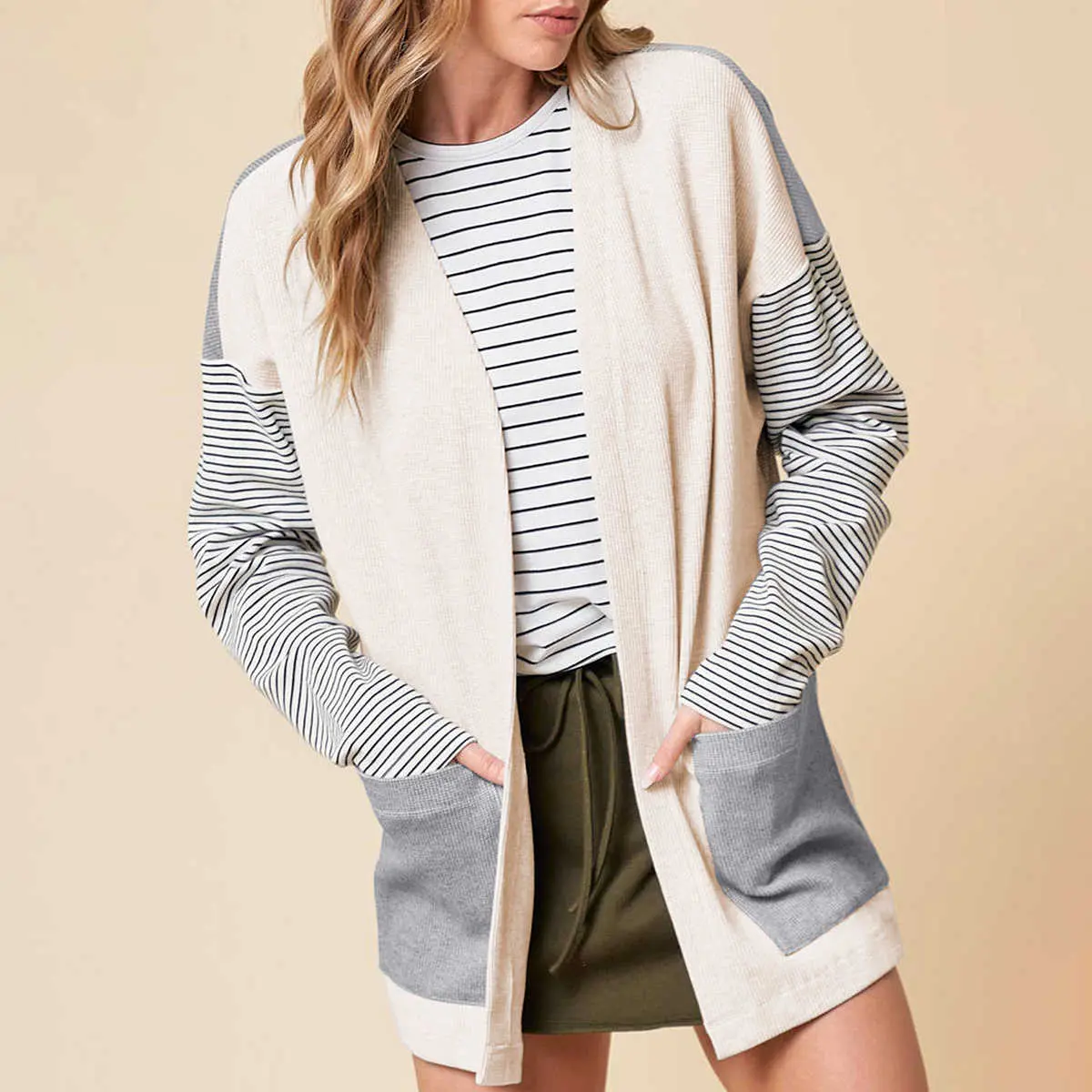 Black Stripe Colorblock Patchwork Open Front Cardigan with Pocket