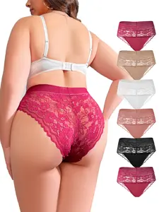 DORSU 6PCS Plus Size Women's Lace Underwear Sexy Solid Color High Waist Fashion Ice Silk Comfortable Breathable Suitable for Women