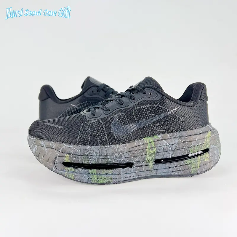 Daily lightweight platform trainer sneakers use seamless sheer soft breathable woven mesh upper, uniform matte black knit base with subtle faded green cracked print midsole, perforated mesh ventilation, flexible full air midsole