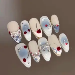 Cherry Press on Nails Almond Handmade Fake Nails with 3D Flower Bow Design Cute 10PCS False Nails Summer Stick on Nails for Women