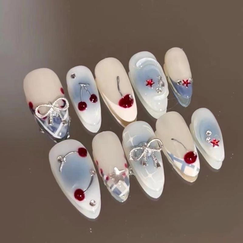 Cherry Press on Nails Almond Handmade Fake Nails with 3D Flower Bow Design Cute 10PCS False Nails Summer Stick on Nails for Women