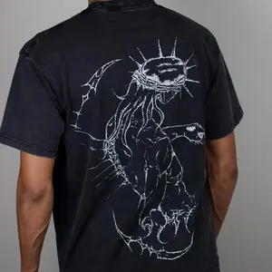 Jesus cotton t-shirt, washed process top personalised cross print, short sleeve men's gift, gym pullover t-shirt, streetwear minimalist kimono print process gothic style pattern