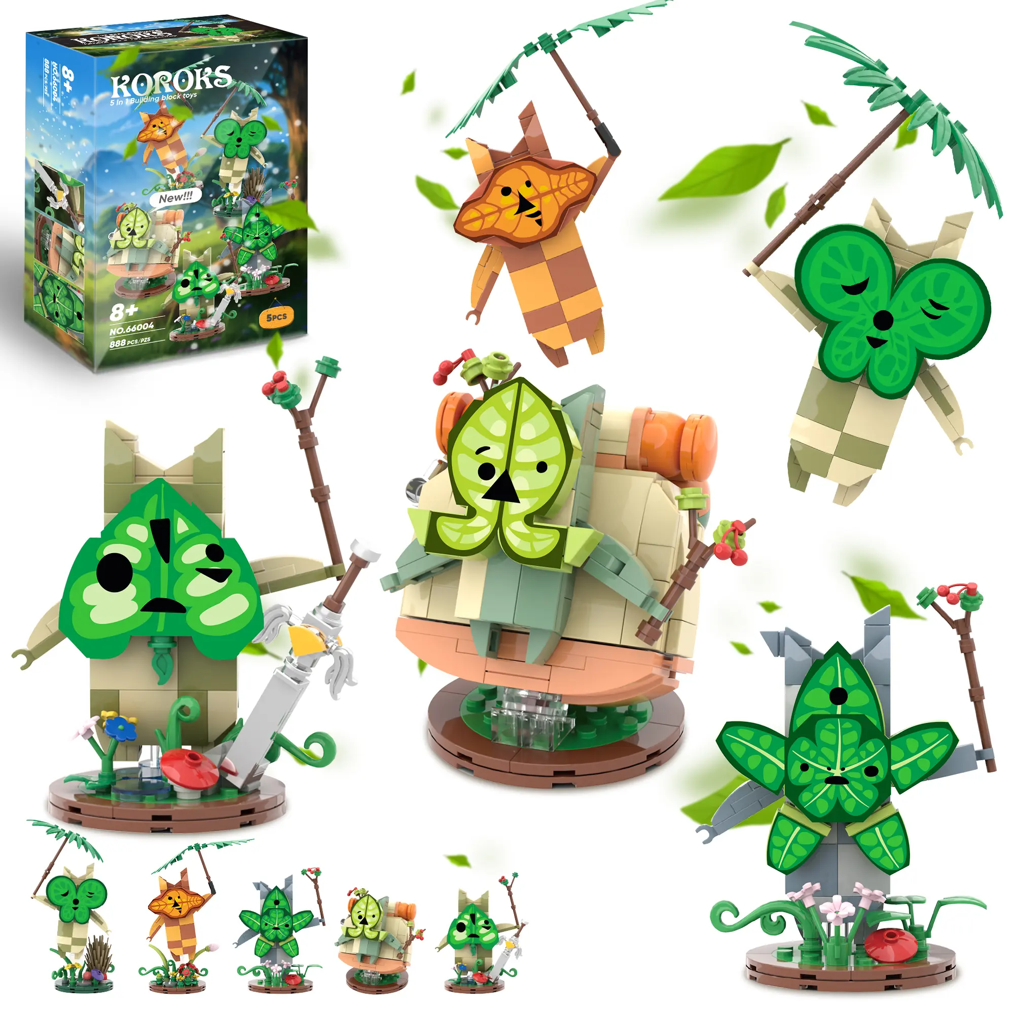 TOKMOC 888 Pieces,5 in 1 Korok BOTW Building Blocks With Base, Cute Yahaha Game Mini Figures Model, Adventure Legends Assembly Model Collecting and Gifting Model for BOTW Fans,Home Decoration,For Aged 12 and Above,Stress Relief Toy, 66004