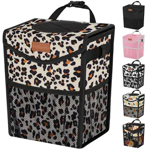 Trash Can with Lid, Cute Leakproof  Trash Garbage Bag Hanging  Trash Bin Small Portable Automotive Garbage Cans Organizer for /Front Seat(Trapezoid,Leopard