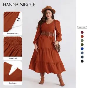 Hanna Nikole Women's Plus Size Dresses Long Sleeve V Neck Maxi Smocked Fall Casual Flowy Tiered Dress with Pockets
