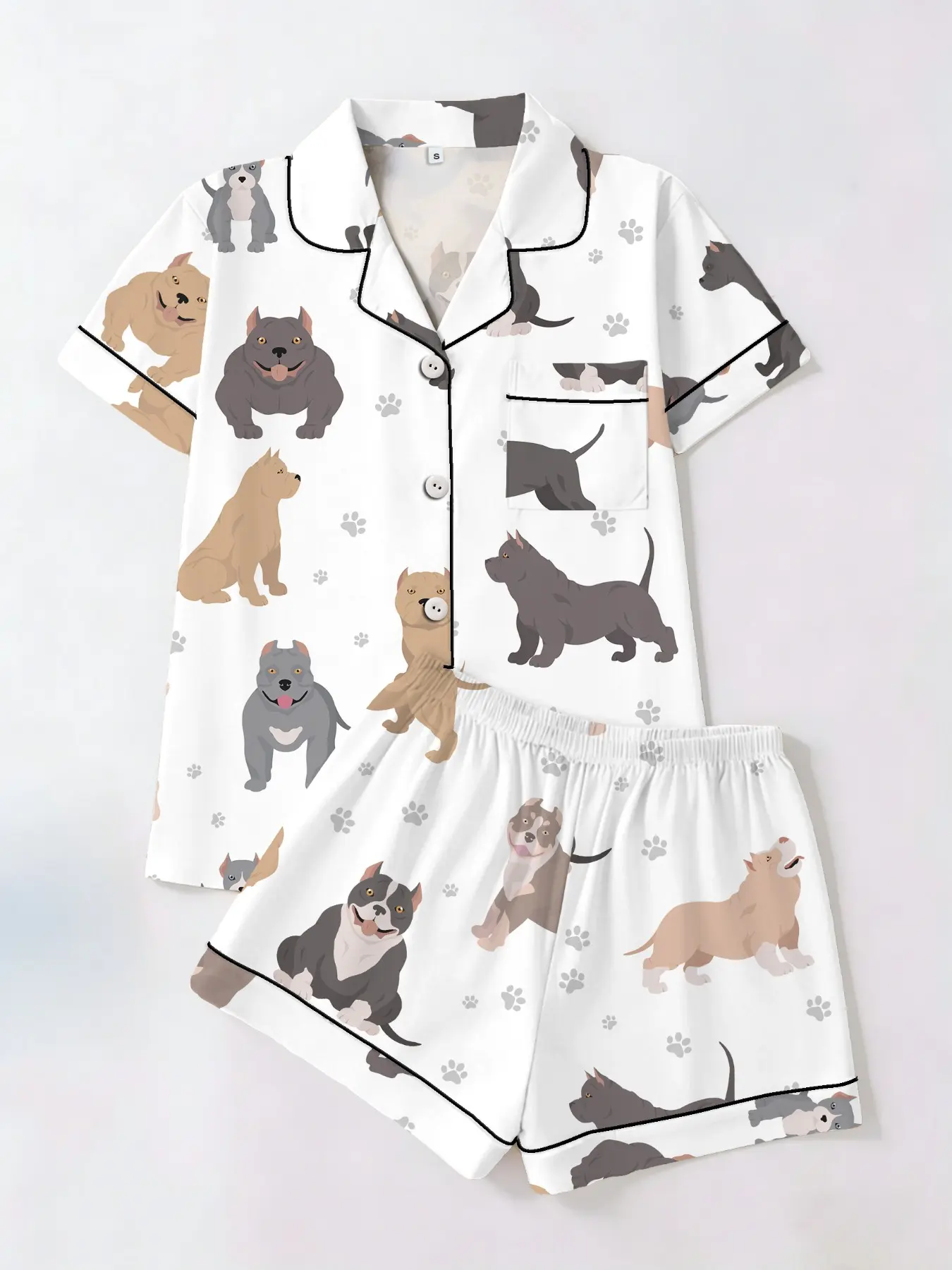 Staffordshire Terrier Dog Print Pajama Set, Women Short Sleeve T-Shirt & Shorts Two-Piece Sleepwear, Outfit, Loungewear, Casual Fitted Lightweight All-Season Home Wear, Pjs, Pyjamas, Homewear