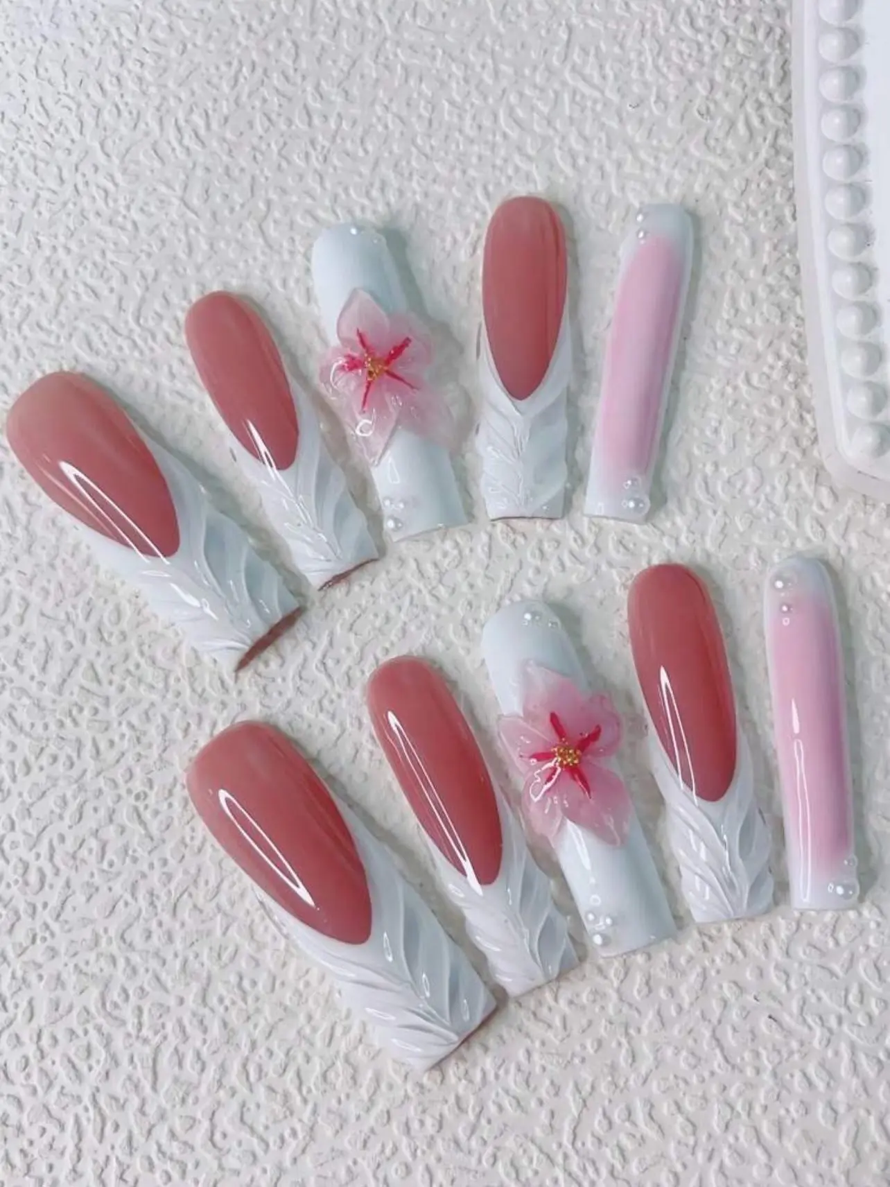 Extra Long Nails French Style 10pcs Press On Nail Art Decoration with 3D Pearl Flower and Water Droplets Design