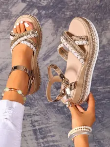 Women's Fashionable Rhinestone Decorated Bohemian Platform Sandals, Boho Style Cross Strap Design Sandals for Beach Vacation, Casual Comfortable Shoes for Daily Wear, Party Footwear, Summer