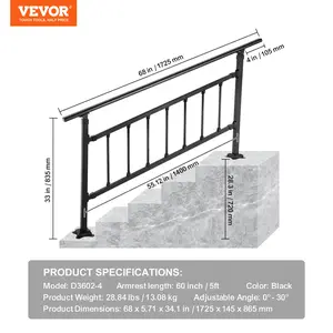 VEVOR Outdoor Stair Railing, Fits for 1-5 Steps Transitional Wrought Iron Handrail, Adjustable Exterior Stair Railing with Fence, Handrails for Concrete Steps with Installation Kit, Matte Black