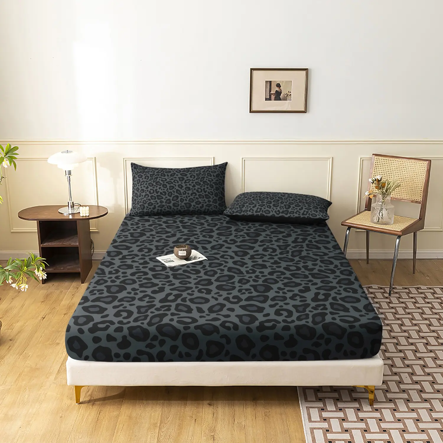 3pcs Classic Leopard Print Fitted Sheet Set (1 Fitted Sheet + 2 Pillowcases,No Pillow), Polyester Bedding Set High-Definition Printing For Home And Dorm Use Bed Sheets Bedsheets