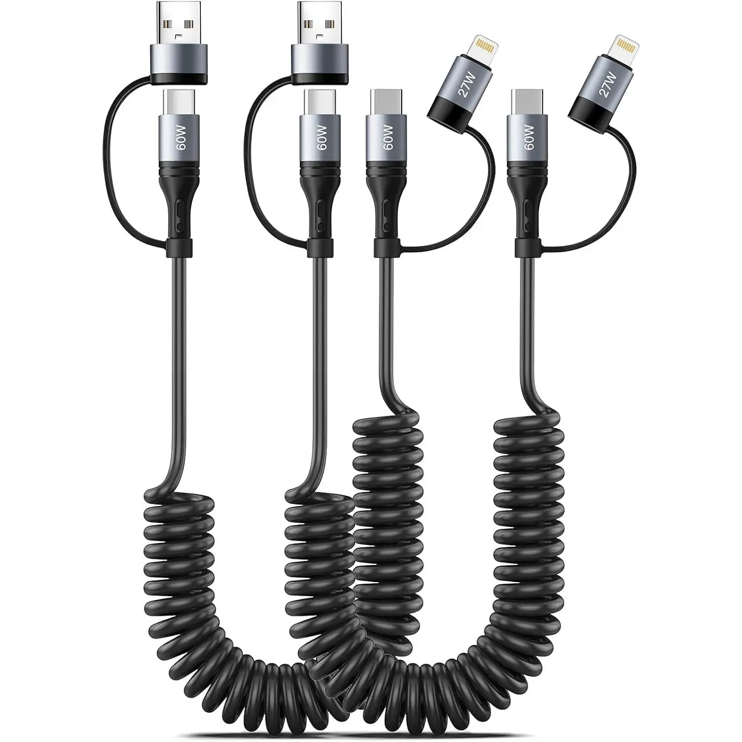 Coiled Lightning Cable [2Pack 4FT] 4 in 1  60W Fast Charging Retractable Charger Cord for iPhone 15/14/13/12/11 Pro Max/XS MAX/XR/XS/X/8/7/6 Plus/iPad/AirPods/MacBook/CarPlay