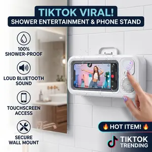 360° Rotatable Waterproof Shower Phone Holder, Anti-fog HD Transparent Cover with Built-in Bluetooth Speaker, Punch-Free Wall Mount Bracket for Bathroom Mirror Bathtub Kitchen, Multifunctional Shower Accessories for 4-7 Inch Phones
